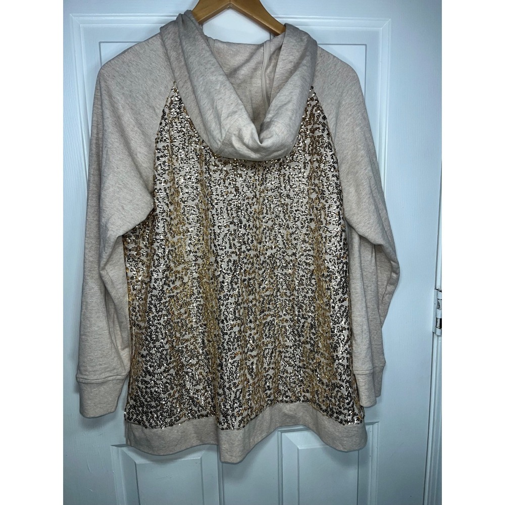 Isaac Mizrahi Live QVC Gold Sequin Zip Hoodie Large Oatmeal Raglan Sparkle Luxe - Picture 2 of 10
